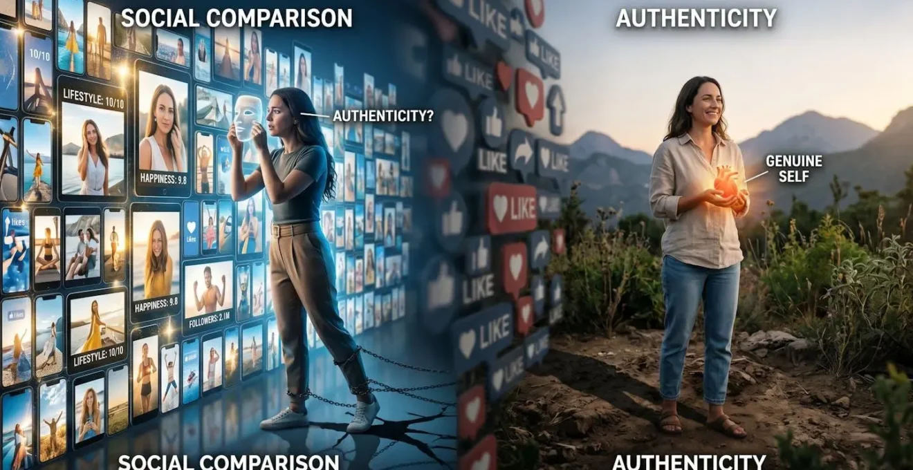 Métaphore visuelle de la comparaison sociale et de l'authenticité