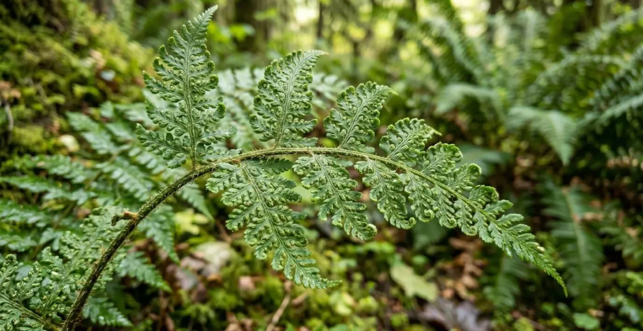 Gros plan macro sur les motifs fractals complexes d'une feuille de fougère en forêt, illustrant le concept de fascination douce et d'attention involontaire de la théorie de Kaplan