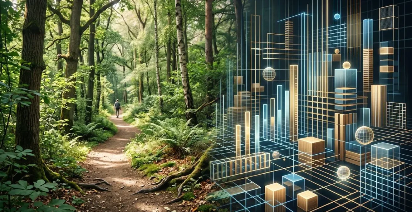 Composition symbolique contrastant un sentier forestier naturel paisible avec des éléments abstraits évoquant la quantification sans montrer d'écrans ou de texte