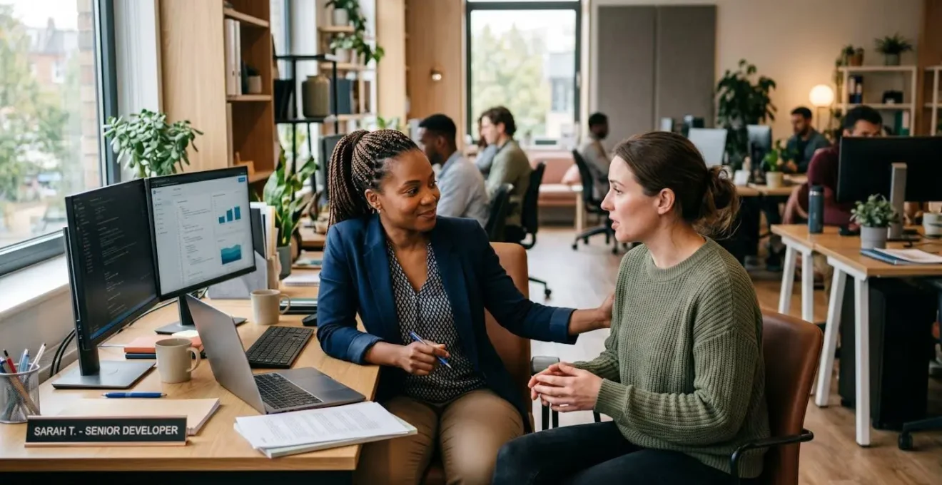 Deux collègues en discussion de soutien dans un environnement de bureau