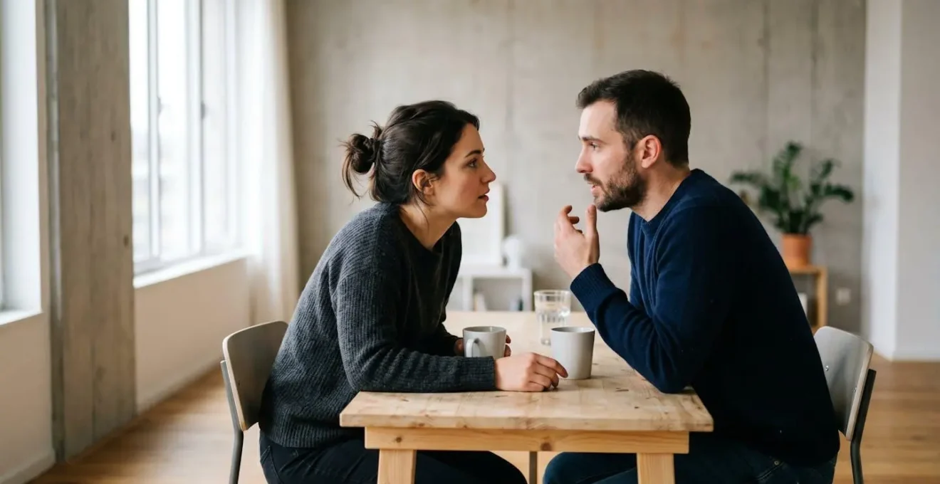 Couple engagé dans une conversation intense face à face, regards connectés, dans un environnement minimaliste favorisant l'échange