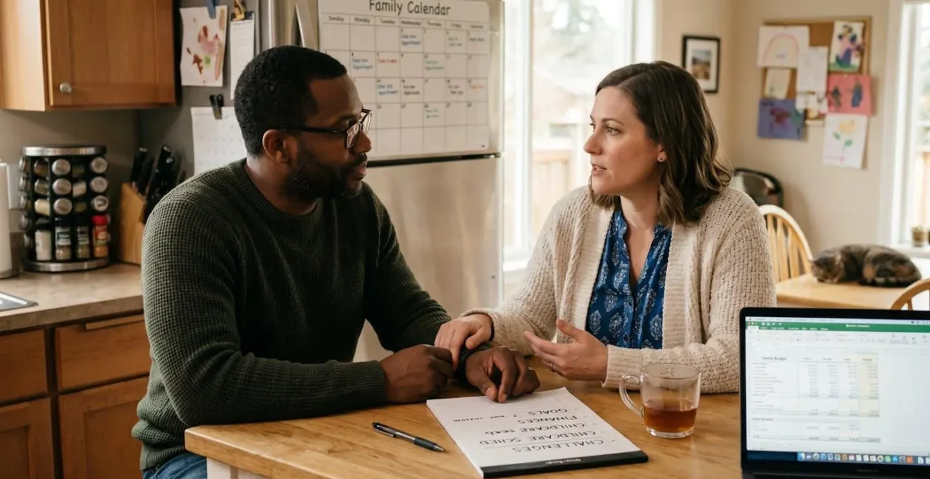 Couple en discussion constructive pour gérer ensemble les défis familiaux