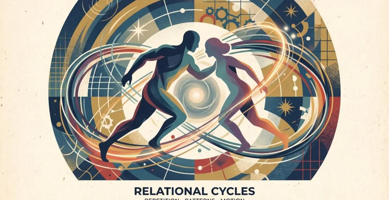 Illustration conceptuelle montrant deux silhouettes dans un mouvement circulaire, évoquant la répétition et les patterns relationnels
