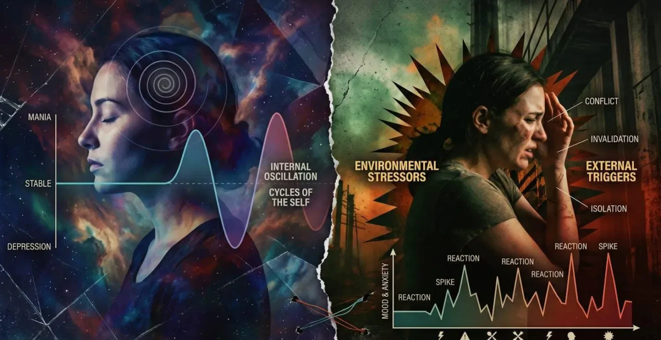 Contraste visuel symbolisant la différence entre les cycles internes du trouble bipolaire et les réactions déclenchées par un environnement toxique.