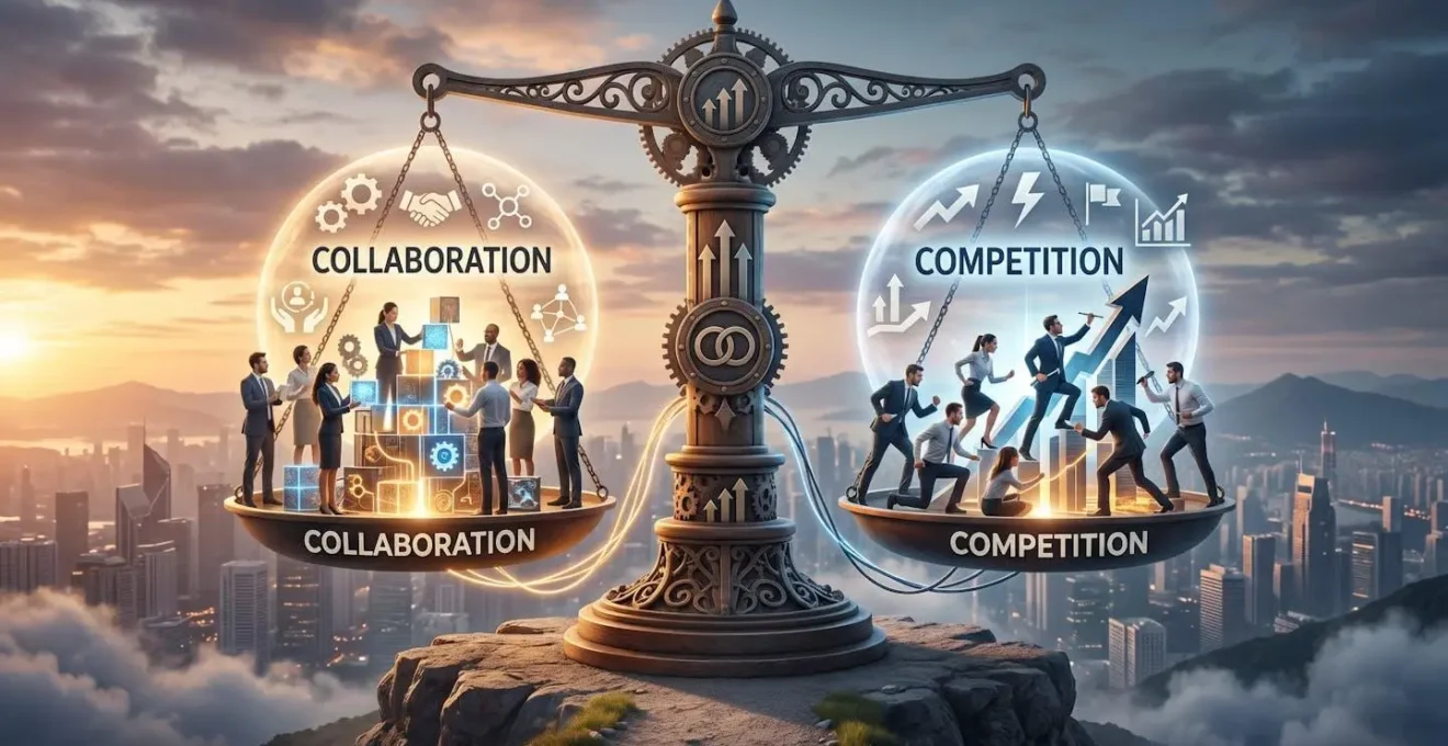 Métaphore visuelle représentant l'équilibre entre collaboration et compétition en entreprise