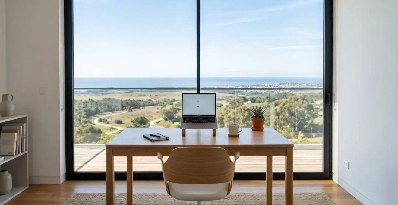 Espace de travail minimaliste baigné de lumière naturelle avec vue dégagée vers l'horizon