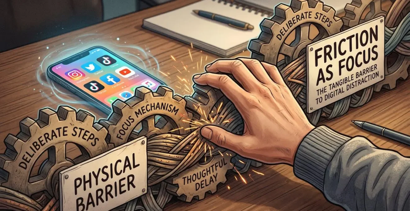 Vue macro détaillée illustrant la friction physique comme barrière à la distraction numérique