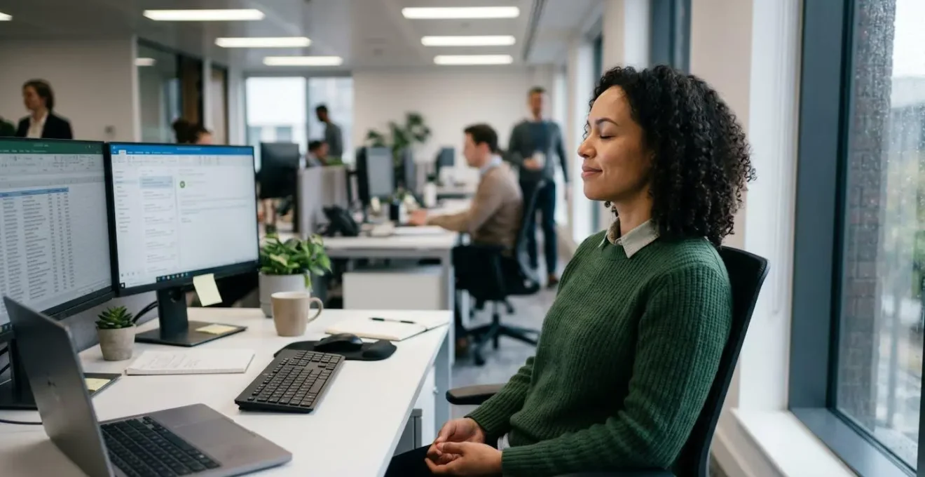 Personne pratiquant une technique de relaxation discrète dans un environnement de bureau moderne