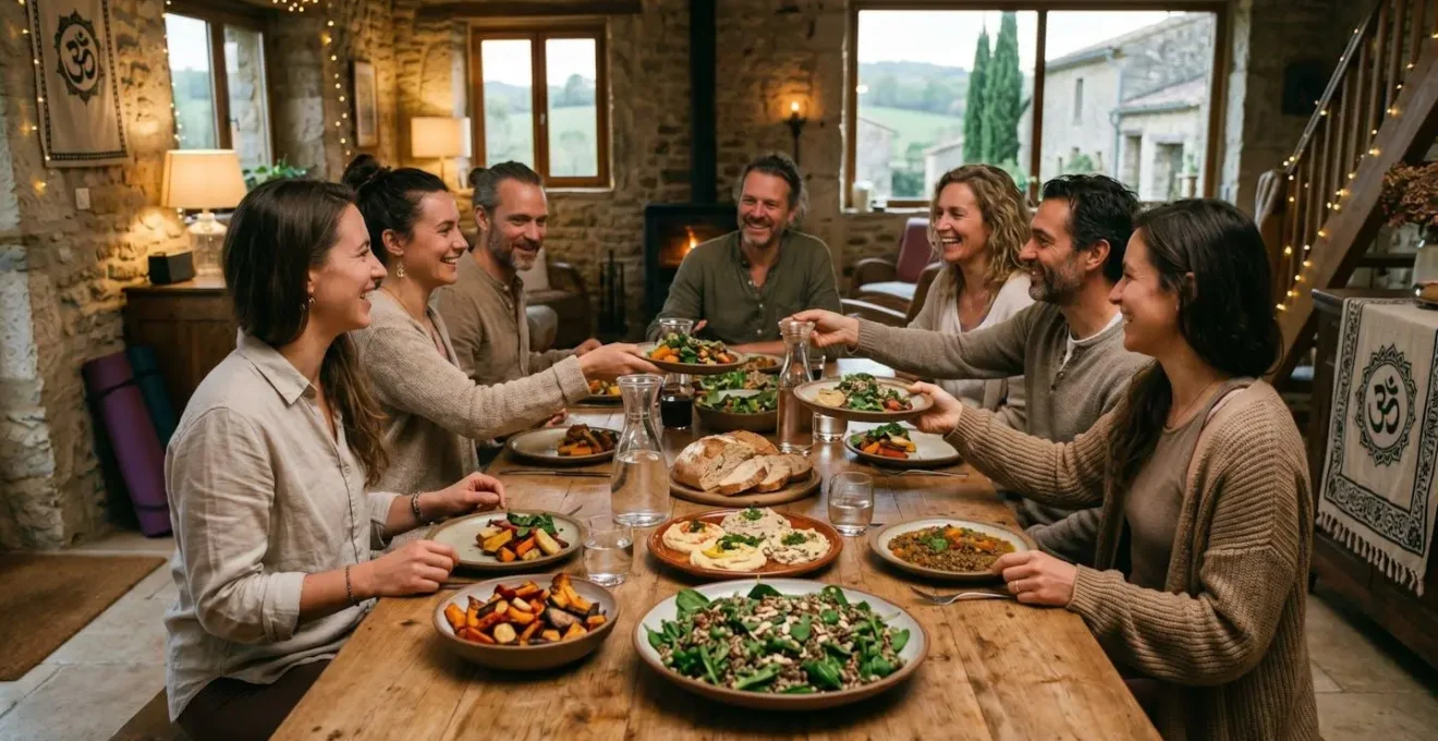 Groupe de participants partageant un repas végétarien dans une ambiance chaleureuse lors d'un stage de yoga en France