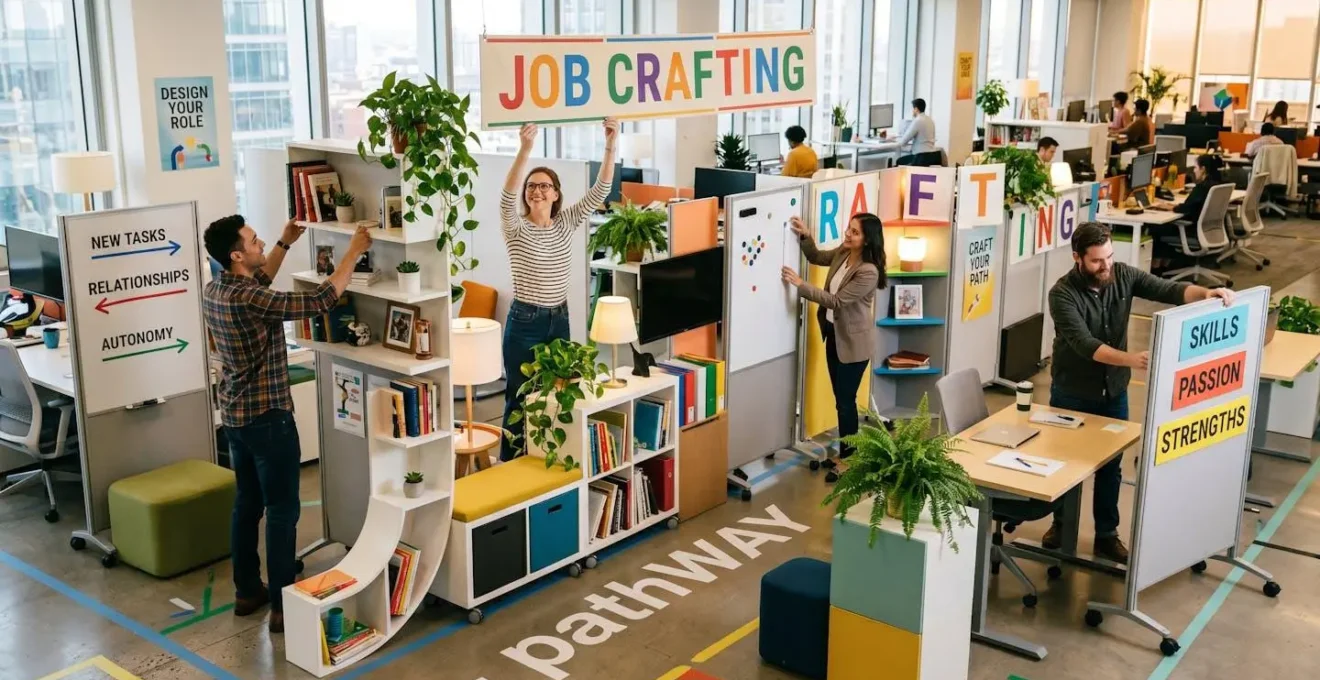Représentation symbolique du job crafting avec des éléments de bureau réorganisés créant une nouvelle configuration