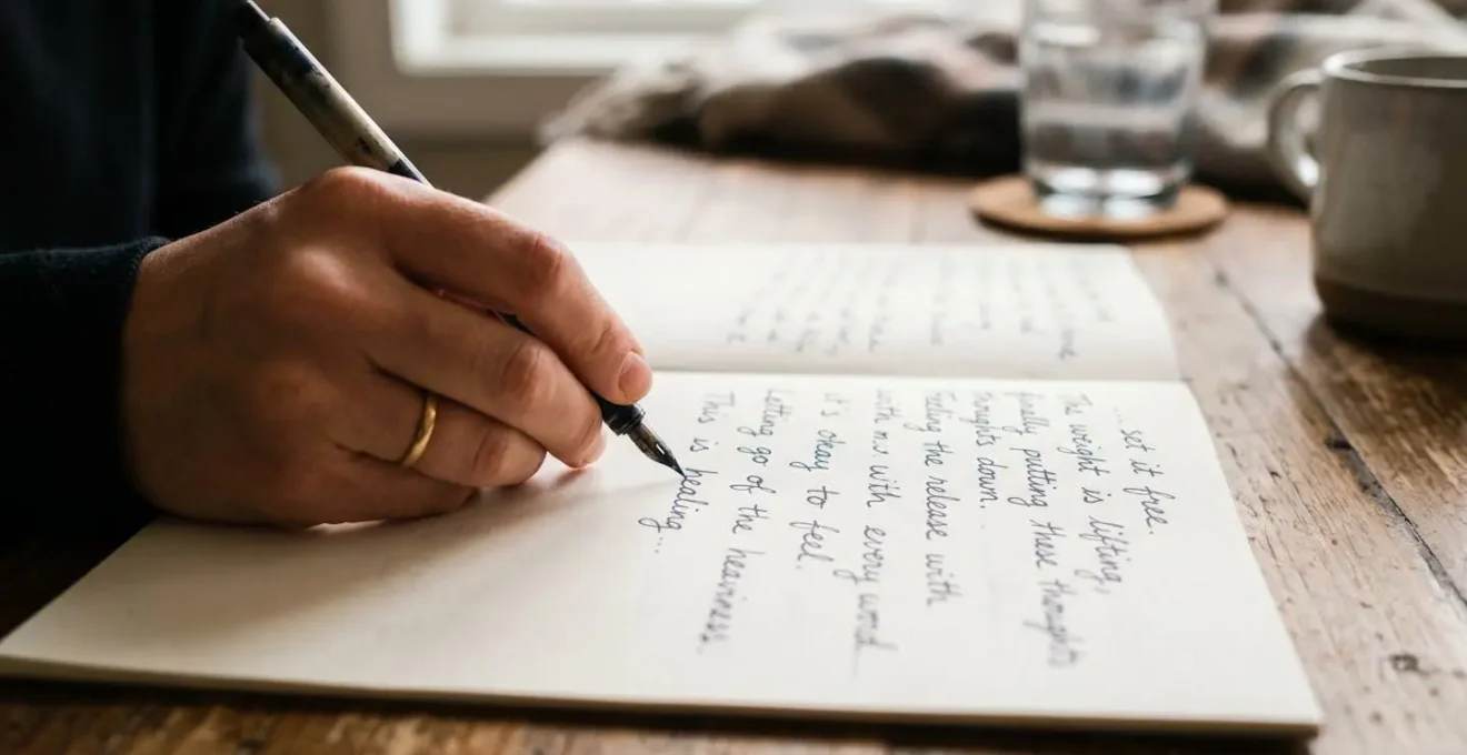 Main écrivant sur un papier blanc dans une lumière douce, symbolisant la libération émotionnelle par l'écriture.