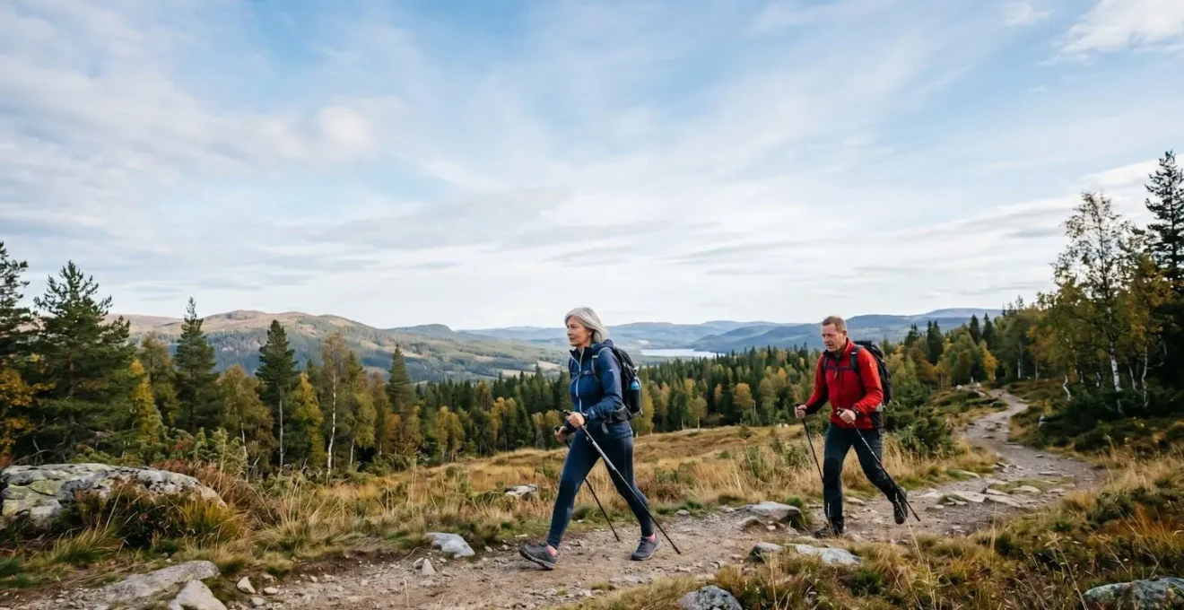 Pratiquants de marche nordique en mouvement dans un environnement naturel avec espace négatif