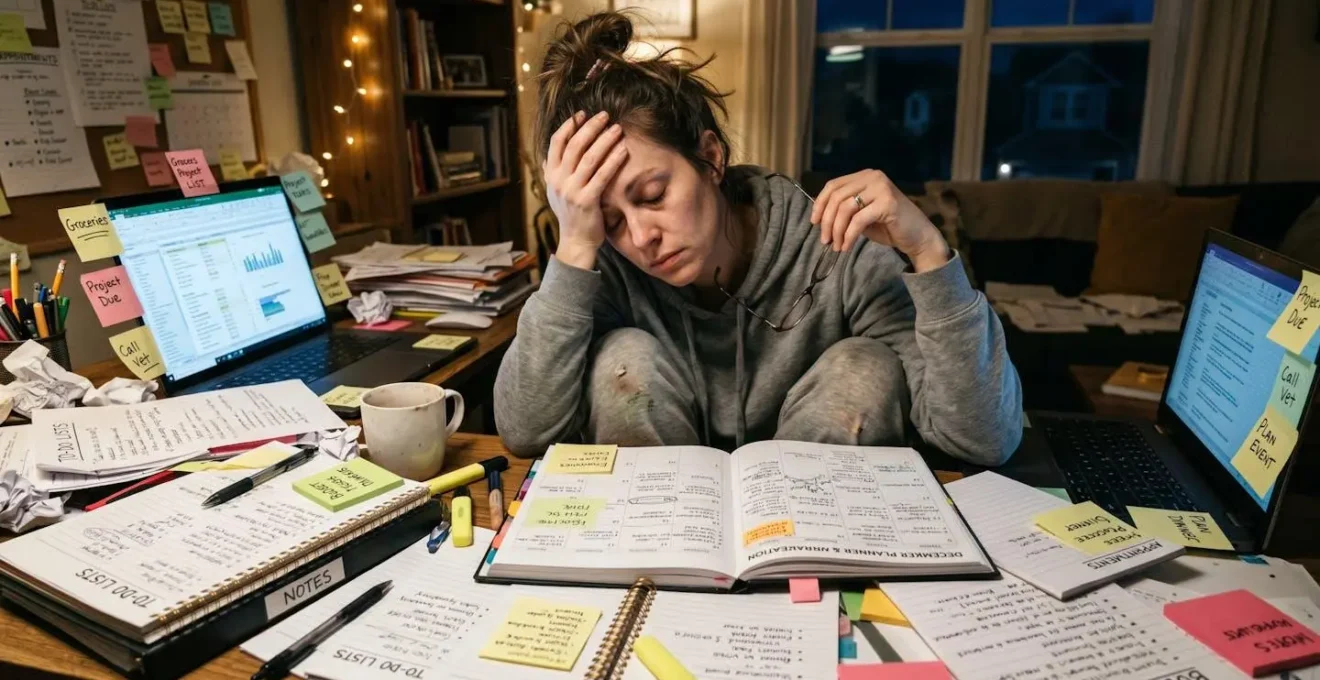 Femme épuisée entourée de carnets et de notes de planification, exprimant la fatigue de la charge mentale organisationnelle