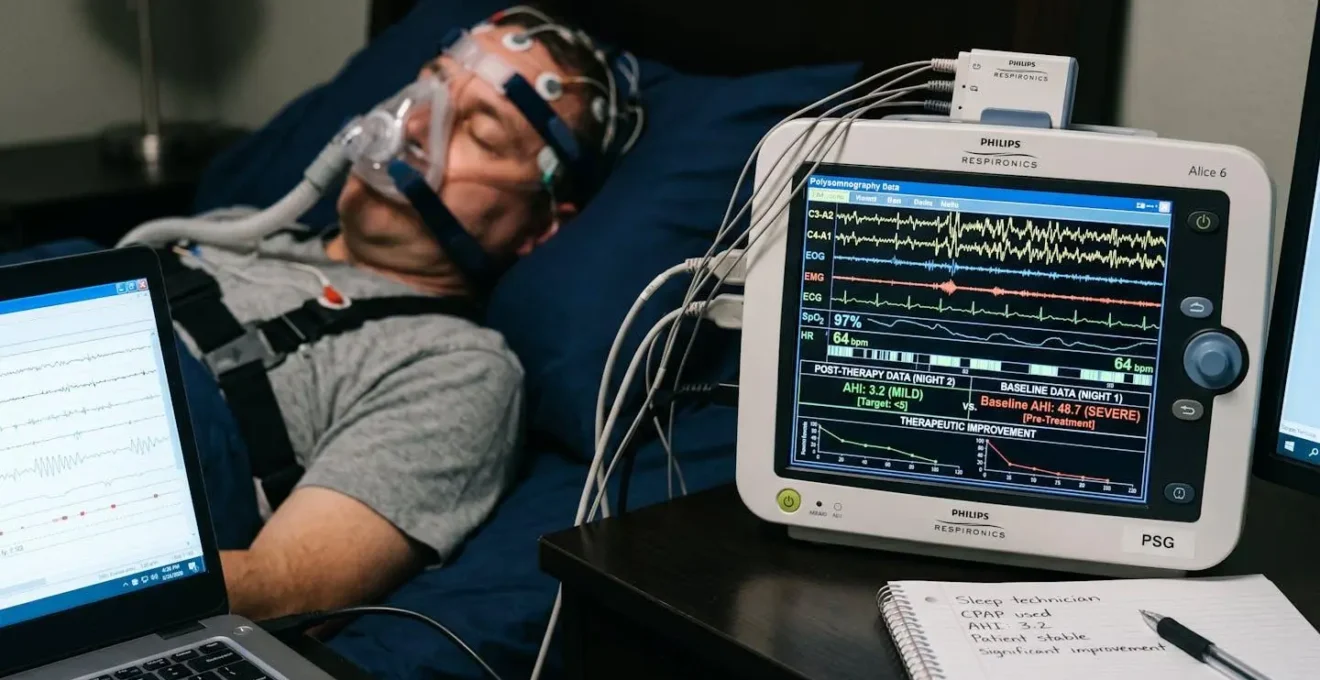 Gros plan sur des outils d'évaluation du sommeil montrant la mesure objective de l'amélioration thérapeutique