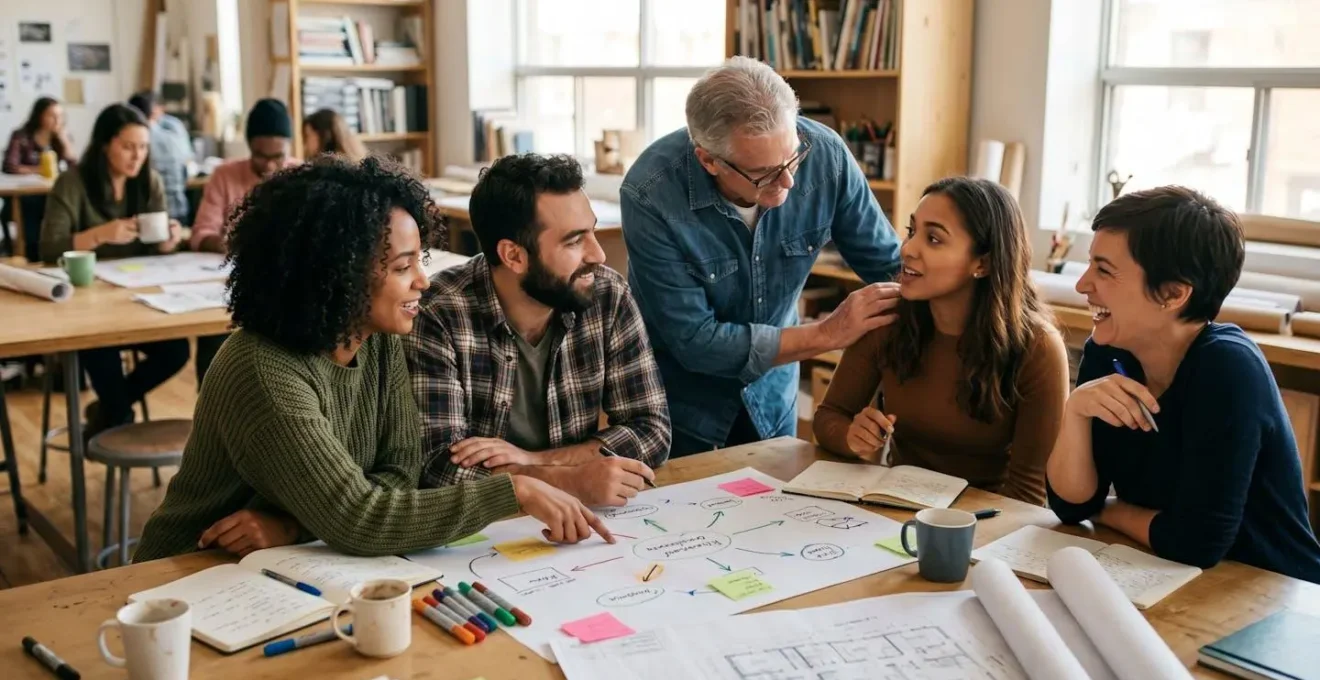Personnes engagées dans une activité collaborative montrant un partage authentique et une connexion émotionnelle