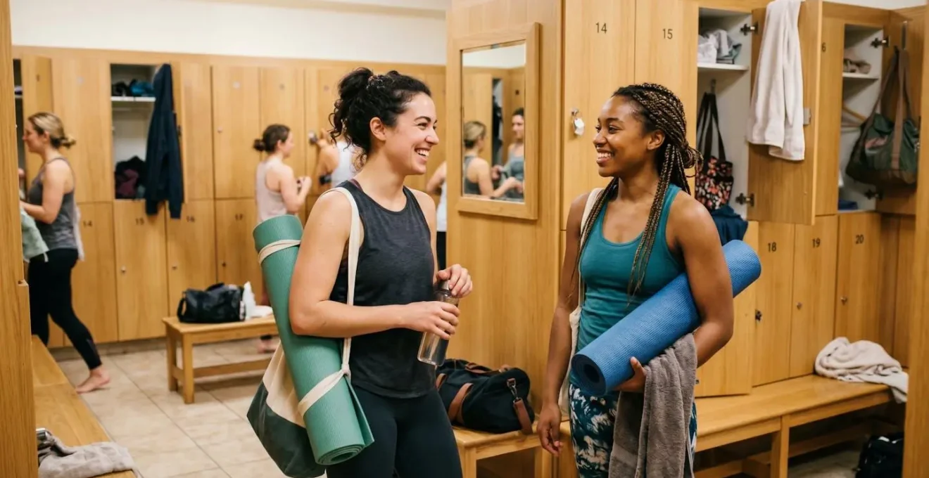 Deux participants échangeant un sourire chaleureux dans un vestiaire de studio de yoga après une séance