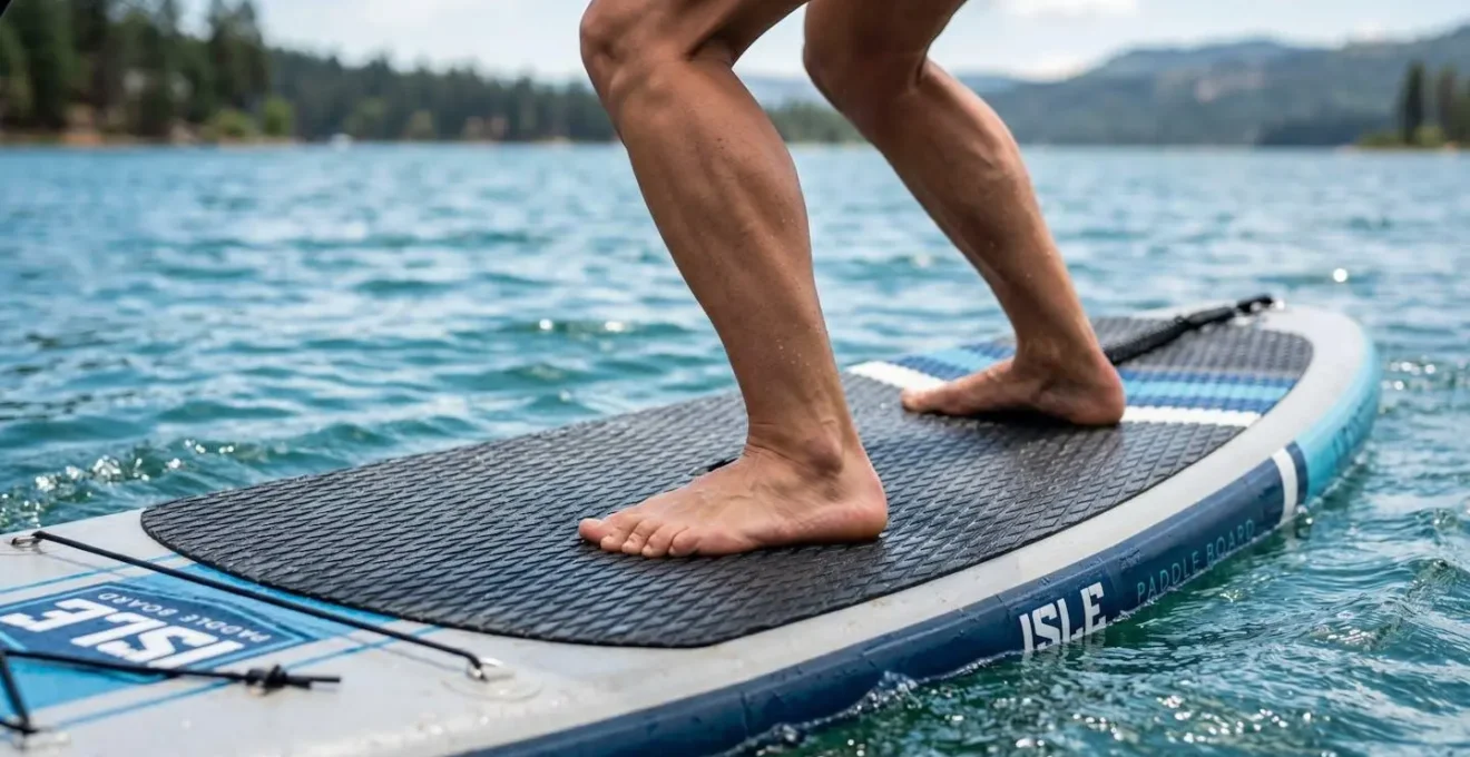 Gros plan sur les pieds et les jambes d'une personne en équilibre sur une planche de stand-up paddle, montrant la concentration corporelle et la proprioception