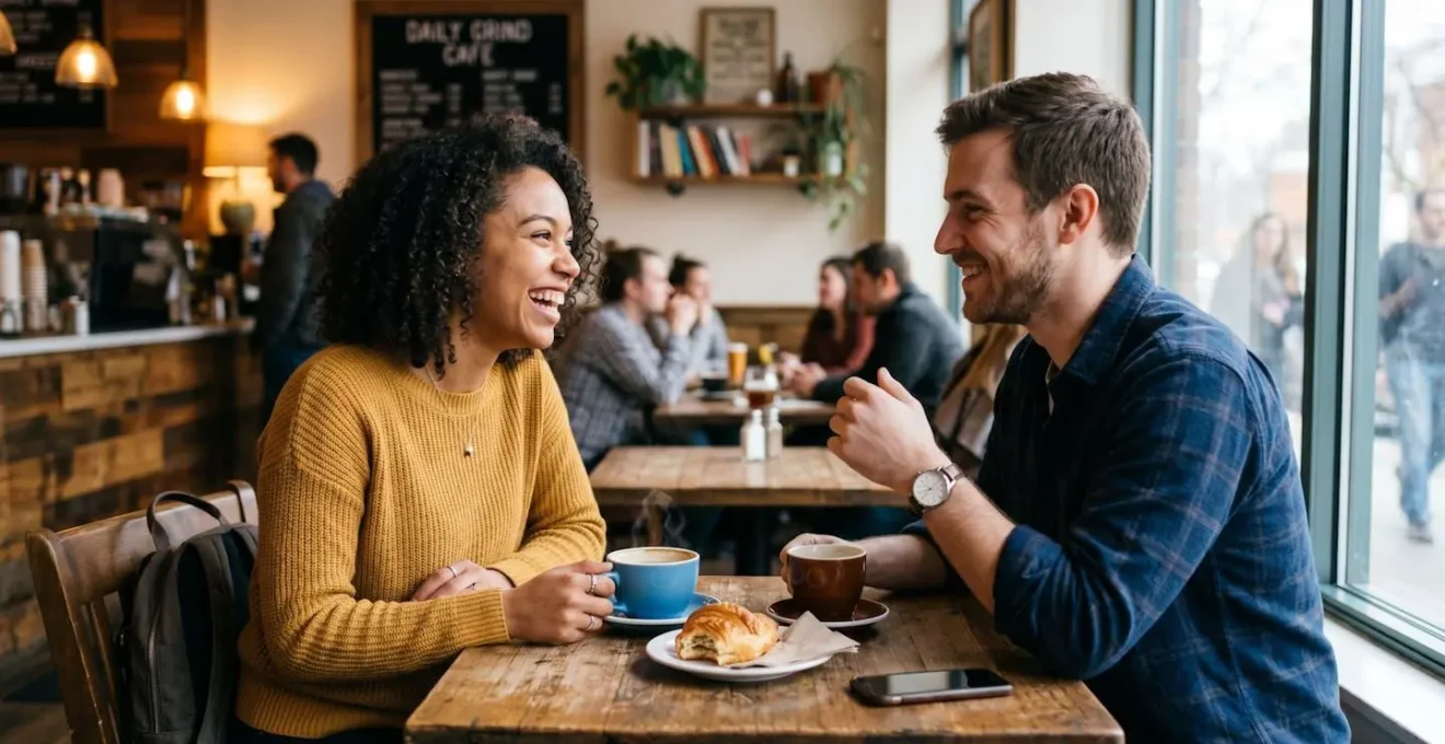 Deux personnes se rencontrant pour la première fois dans un café, partageant un moment authentique de connexion humaine