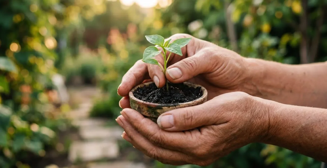 Gros plan sur des mains tenant délicatement une petite plante en croissance, symbolisant la renaissance et le développement personnel après une épreuve