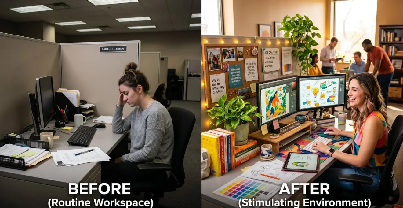 Concept de transformation d'un espace de travail routinier en environnement stimulant par la personnalisation et le job crafting.