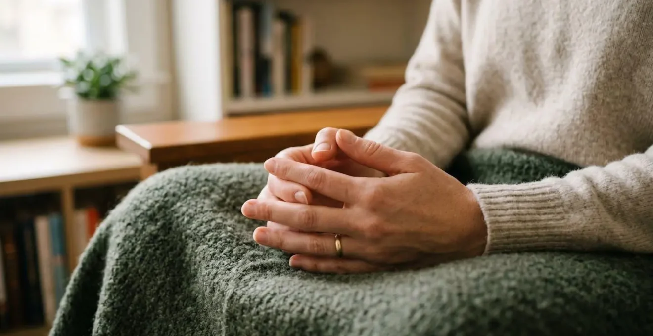Gros plan sur des mains au repos pratiquant discrètement la respiration tactile dans un environnement calme