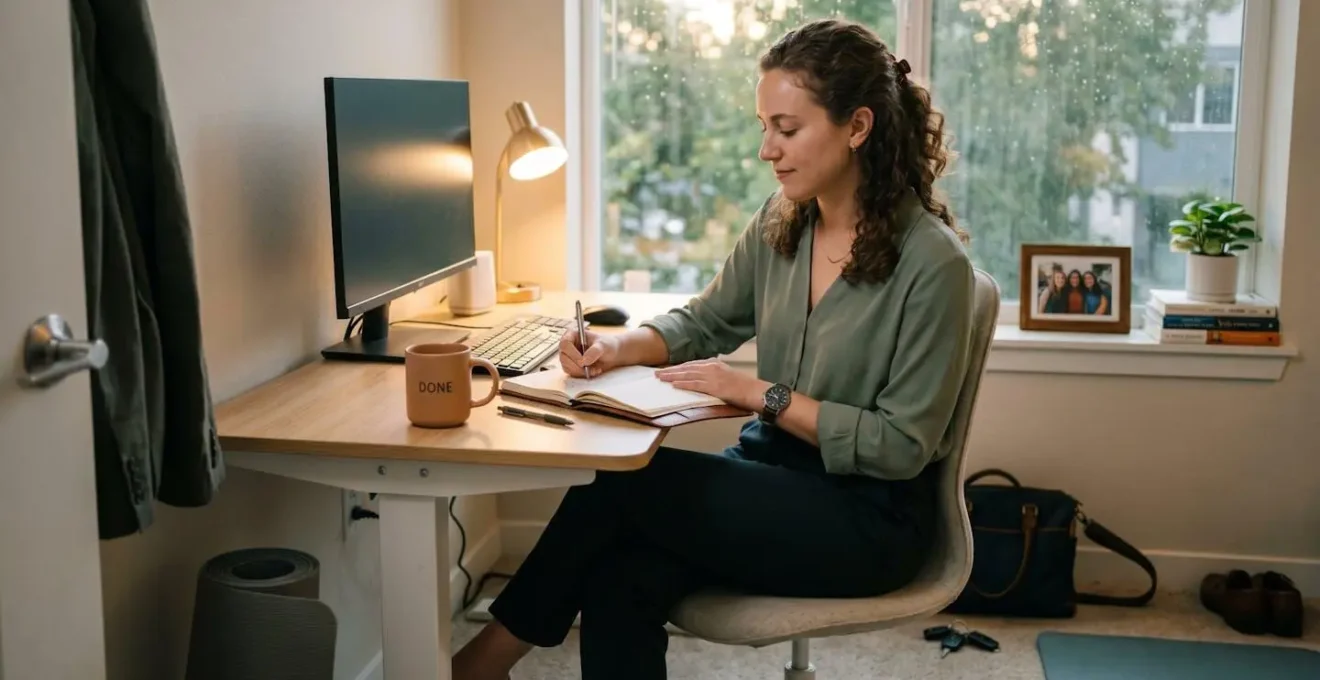 Rituel de fin de journée professionnelle illustrant une transition saine entre travail et vie personnelle