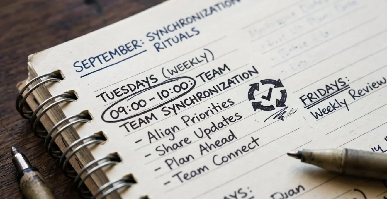 Détail macro d'un agenda ou calendrier symbolisant les rituels de synchronisation réguliers