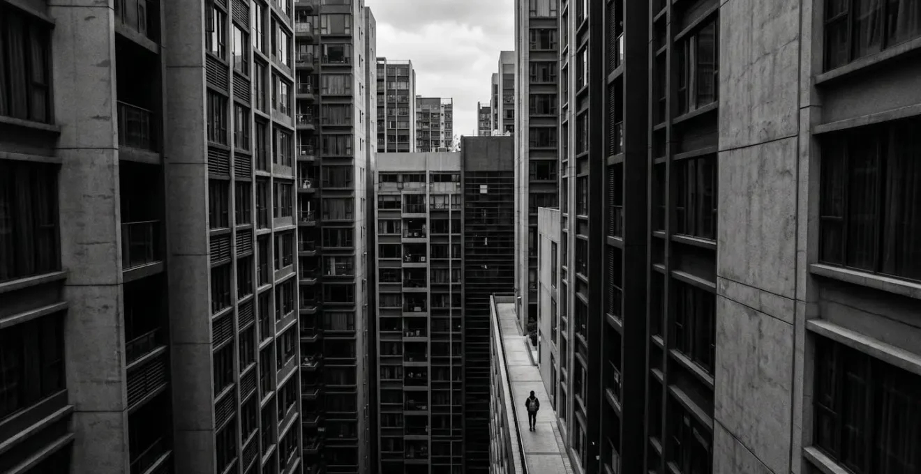 Perspective urbaine minimaliste évoquant l'isolement dans la densité