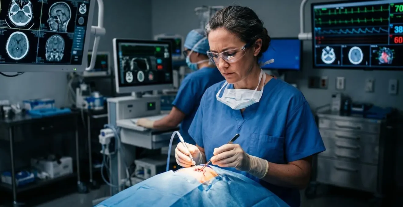 Professionnel accomplissant une tâche complexe avec expression de doute malgré la compétence évidente