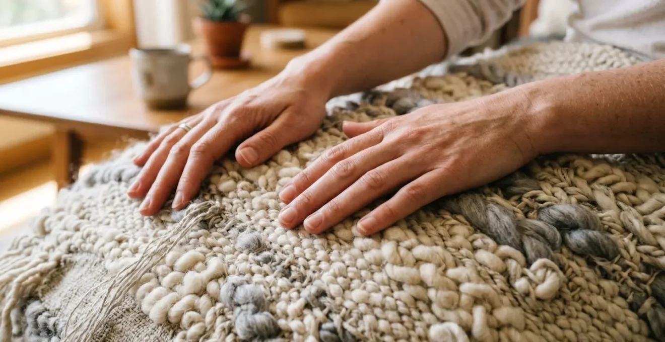 Mains posées sur une surface texturée révélant des sensations tactiles apaisantes