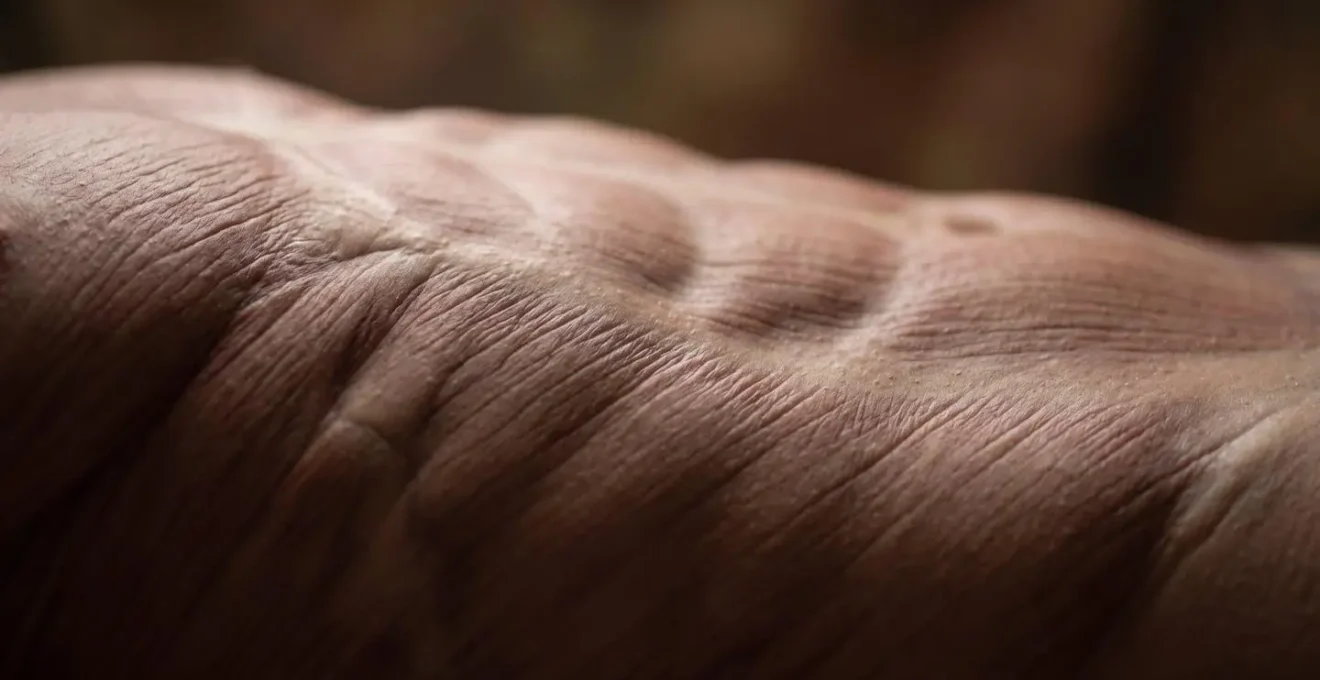 Vue macro d'une texture corporelle évoquant la tension musculaire et la libération somatique, symbolisant le relâchement du psoas