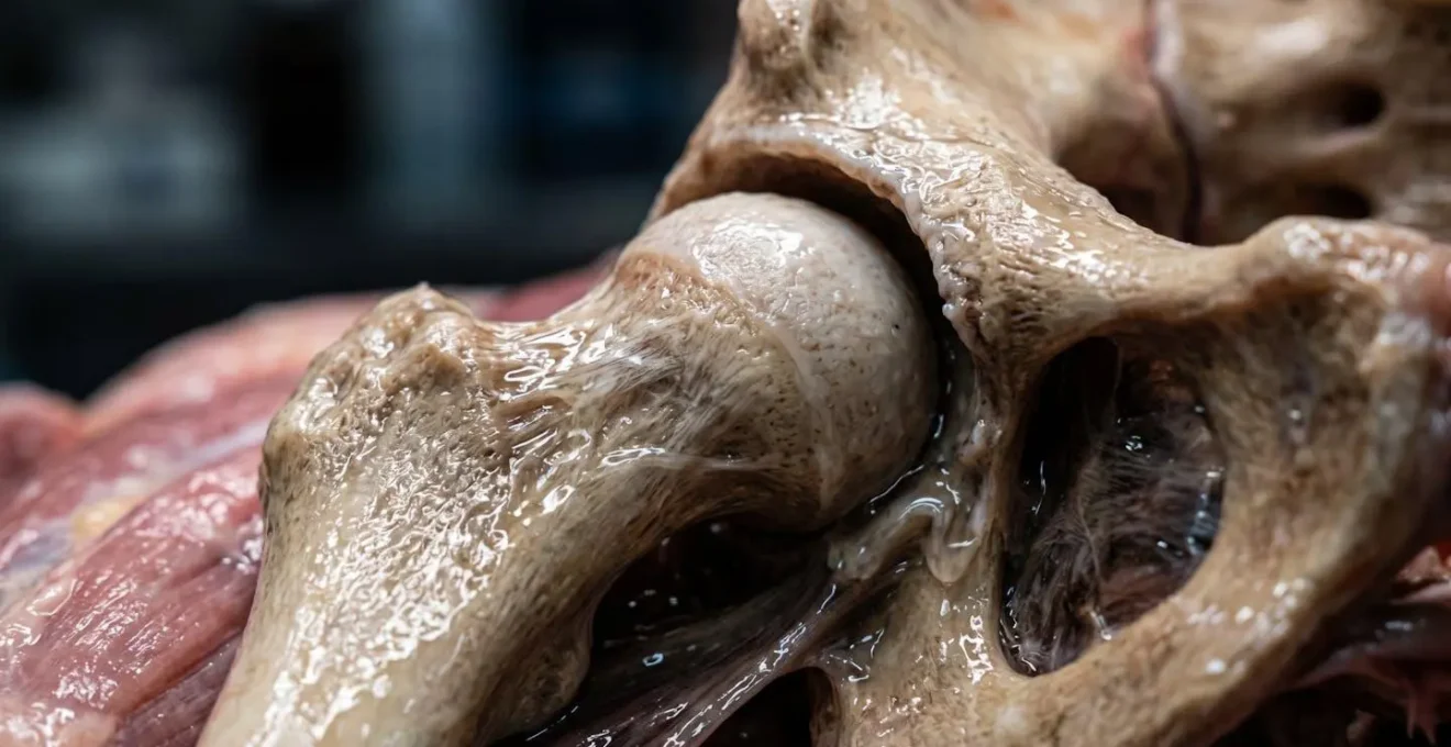 Gros plan macro sur une articulation de hanche montrant la texture et les mouvements fluides