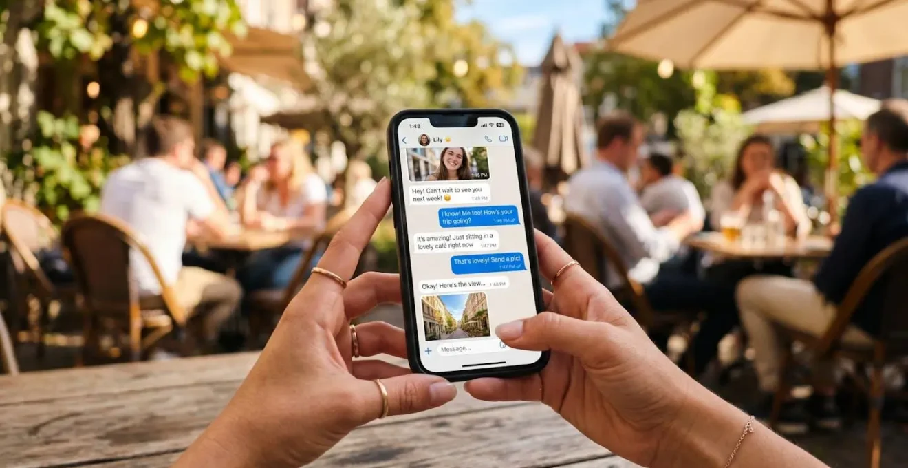Gros plan sur des mains tenant un smartphone montrant une conversation amicale, avec en arrière-plan flou une terrasse de café ensoleillée