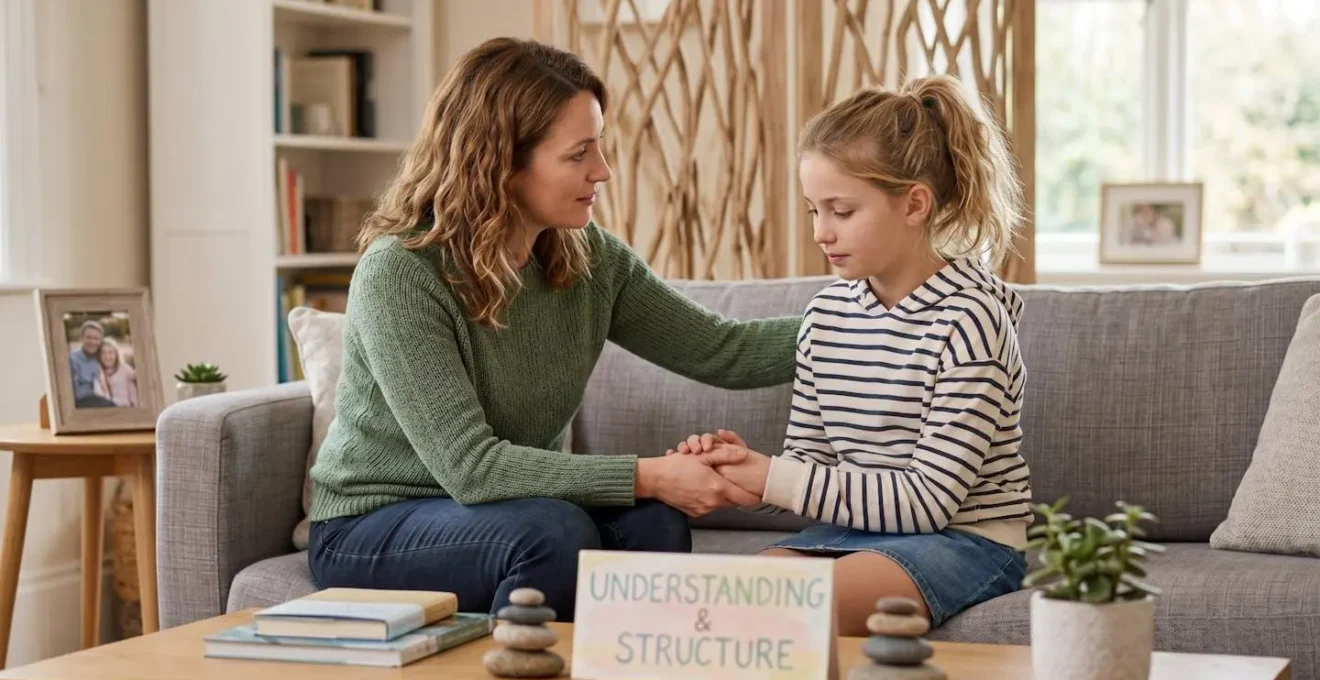 Représentation visuelle de l'équilibre entre validation émotionnelle et maintien des limites dans une relation beau-parent enfant