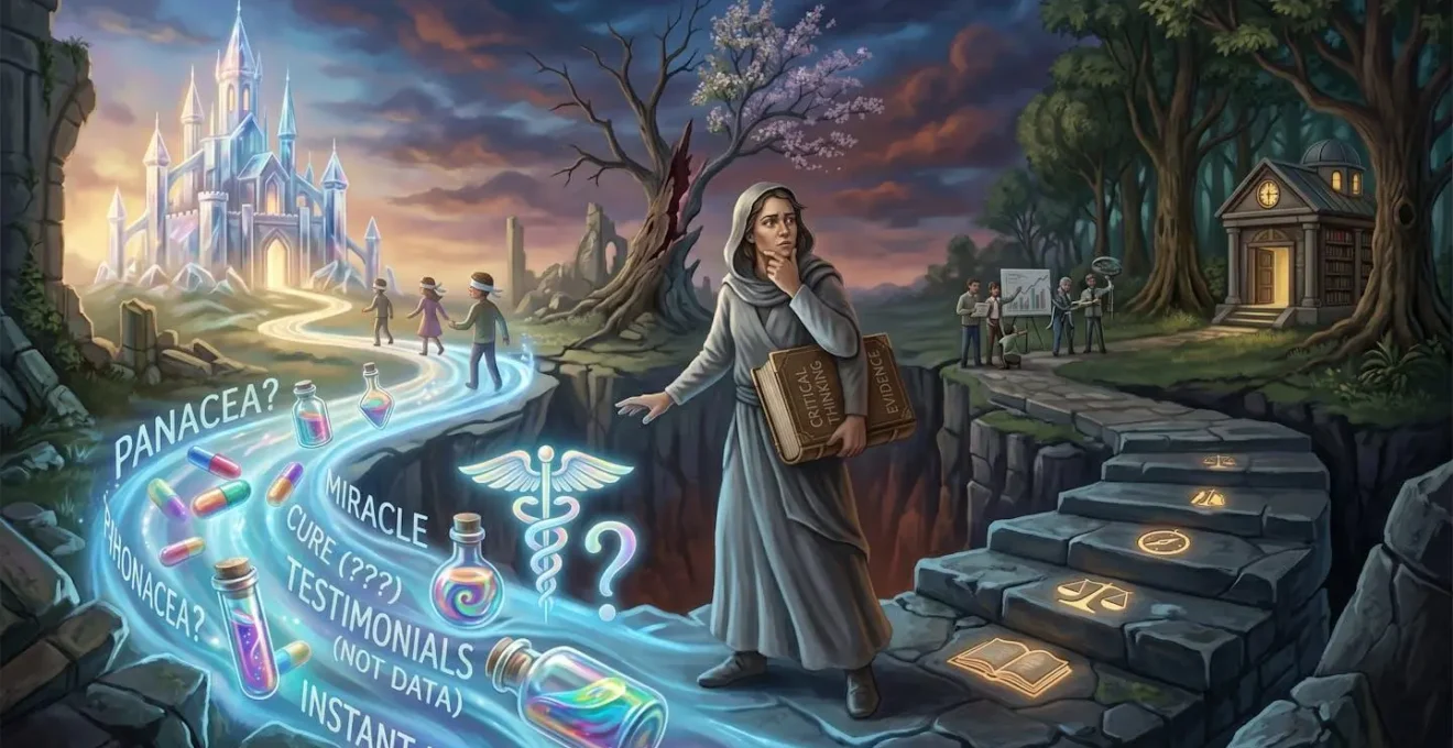 Composition symbolique illustrant le concept de choix critique face aux promesses thérapeutiques non prouvées