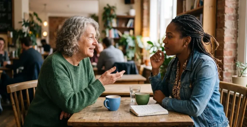 Deux femmes de générations différentes dans une conversation d'égal à égal Deux femmes de générations différentes dans une conversation d'égal à égal
